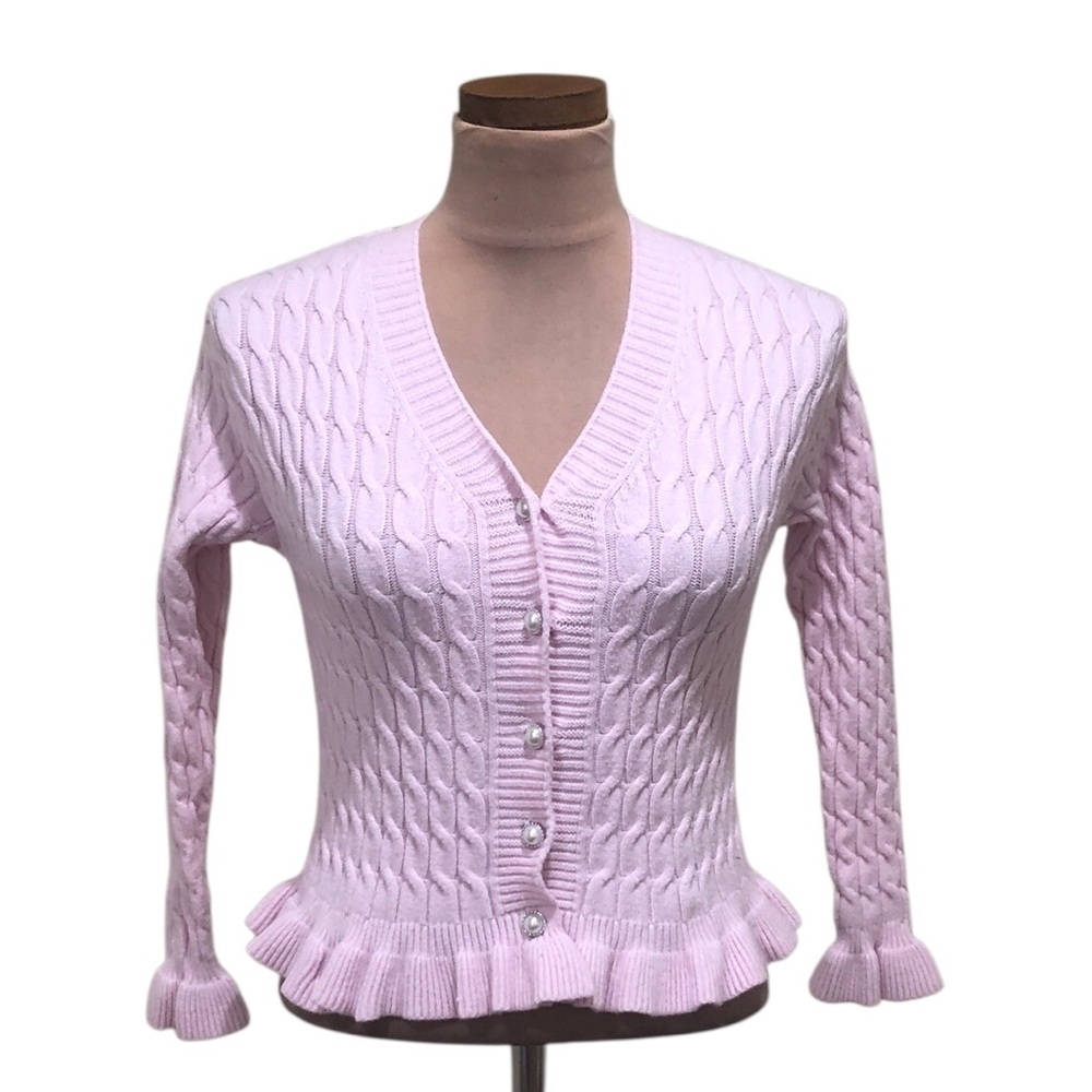 Cotton Emporium Cardigan Sweater Size XS Pastel Pink Cable Knit